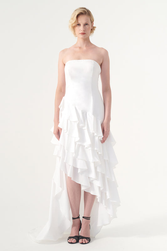 Strapless Neckline Layered Ruffled Asymmetric Dress