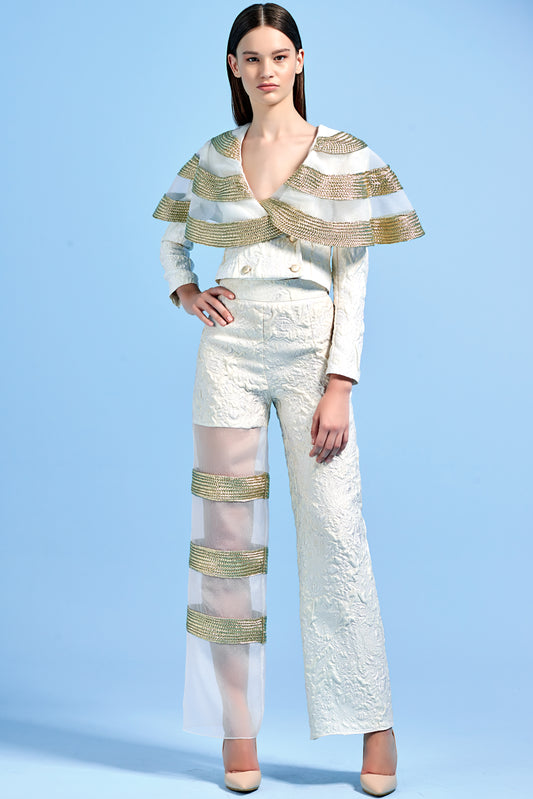 Metallic Cord Detailed Organza and Jacquard Jacket and Pant