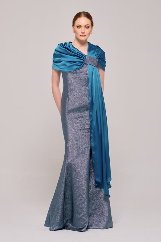 Shawl Detail Blue Long Mermaid Dress