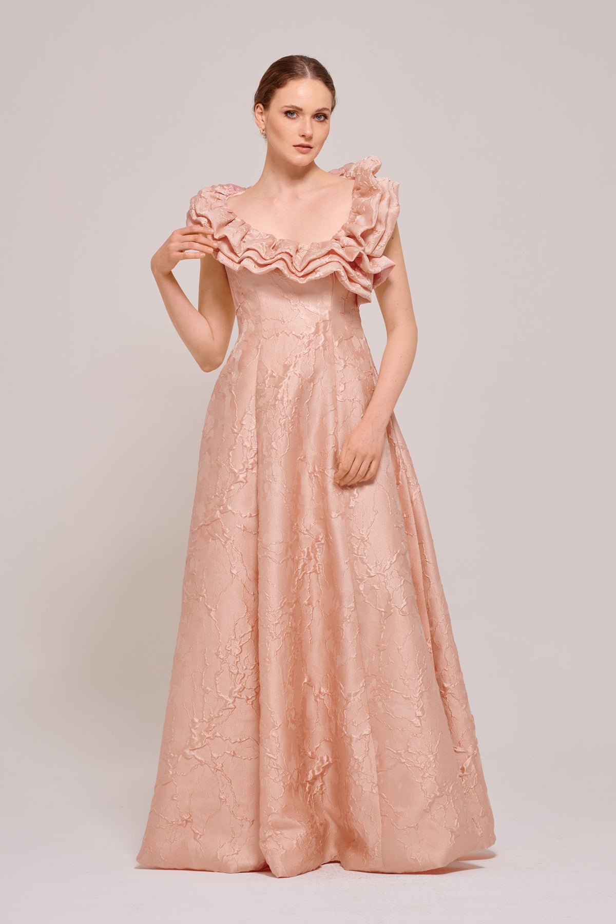 Asymmetric Ruffled Neckline Long Dress