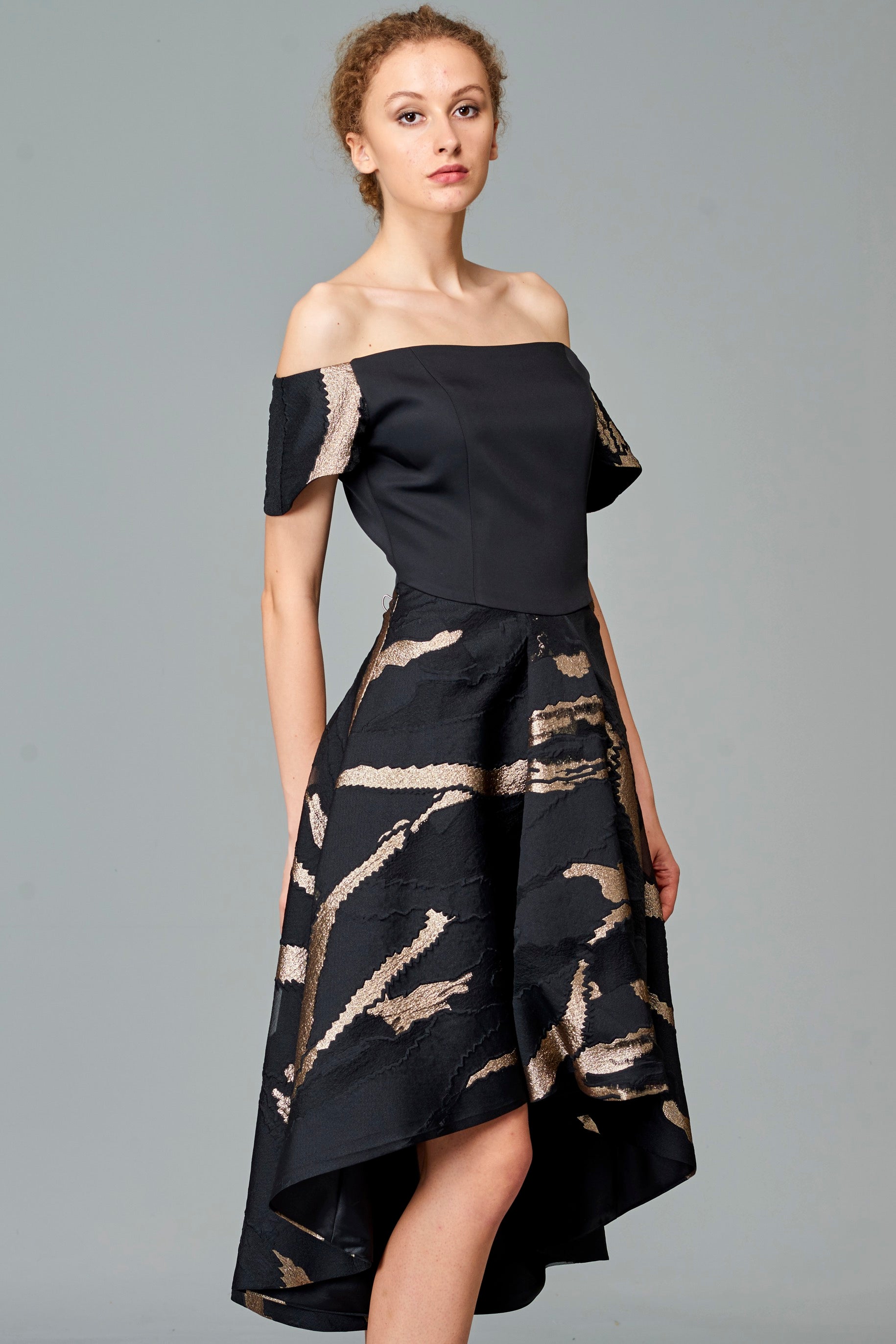 Off-the-Shoulder Stretch Metallic Jacquard Dress